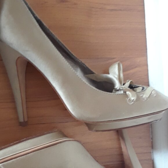 Gold Satin Heels With Ribbon Tie Detail - Picture 5 of 6
